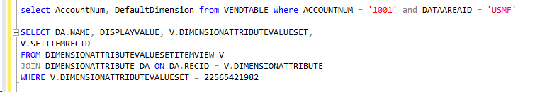 SQL query for the default dimension reference on the vendor record.