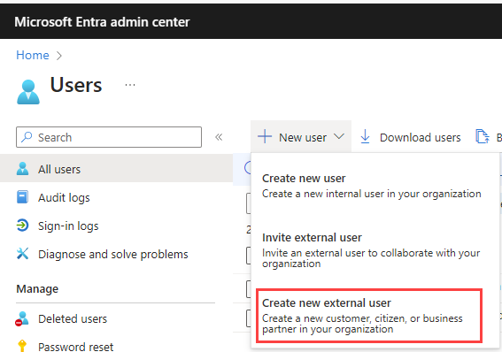 Képernyőkép a Microsoft Entra ID új külső felhasználói menüjéről.