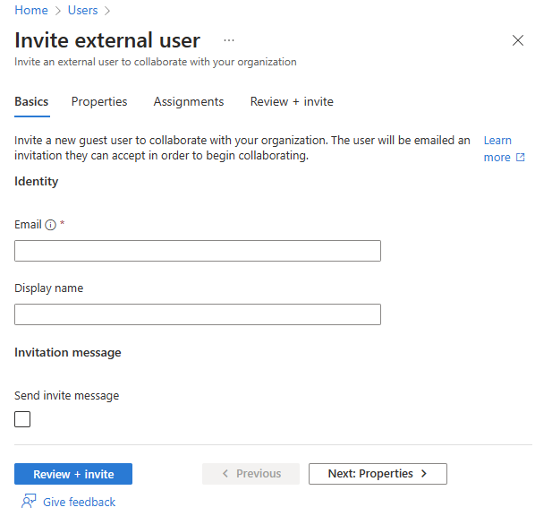 Képernyőkép a külső felhasználó alapszintű meghívása lapról.