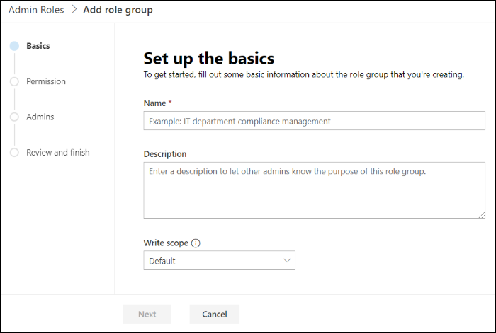 New role group dialog box in the EAC.