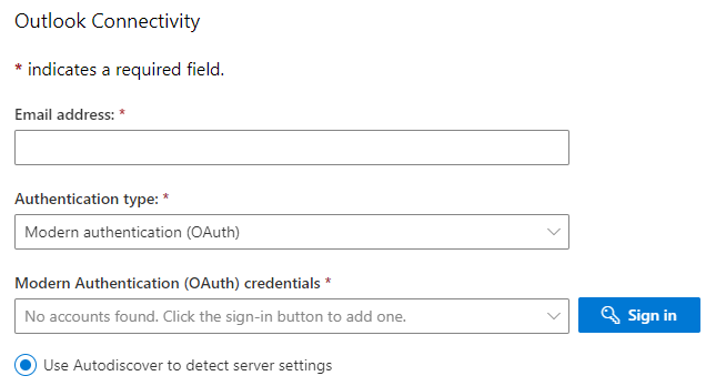 Képernyőkép az Outlook Connectivity űrlapról, amely az e-mail cím, a hitelesítési típus és a hitelesítő adatok kötelező mezőit mutatja.