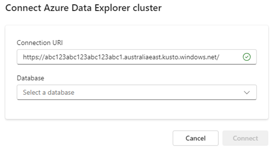 Képernyőkép az Azure Data Explorer-fürt URI-ját megjelenítő kapcsolati ablakról. A Csatlakozás fürt gomb ki van emelve.