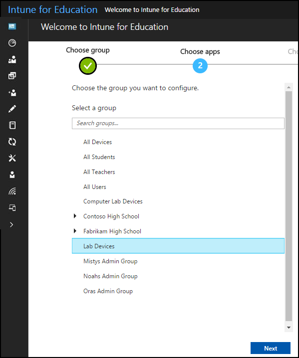 A csoport választása képernyő, amely arra kéri a felhasználókat, hogy válasszon ki egy csoportot.