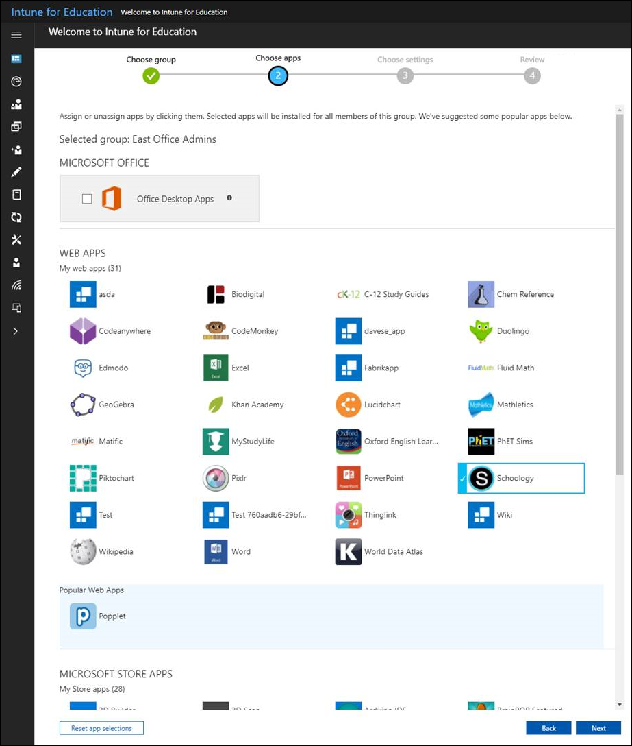Az alkalmazás-hozzárendelési képernyő. Az alkalmazások különböző típusú hozzárendelésekhez vannak rendszerezve, beleértve a webalkalmazásokat és az oktatási alkalmazások Microsoft Store.