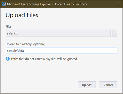 Screenshot of the Upload Files dialog box in Storage Explorer.