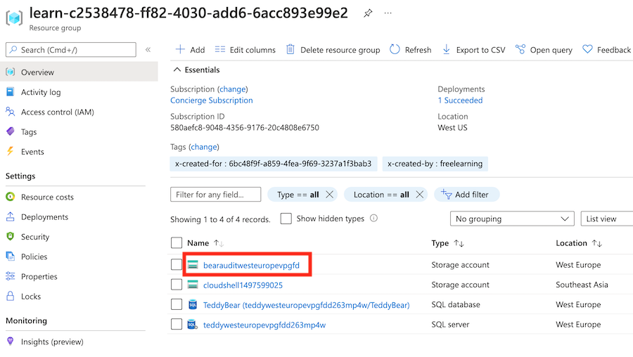 Screenshot of the Azure portal resource group overview pane, showing that a storage account is deployed for auditing.