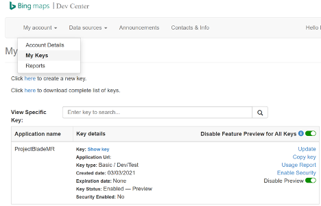 Screenshot of the Bing Maps dev center portal with my keys page selected showing developer key details.