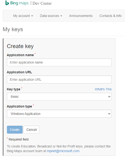 Screenshot of the Bing maps dev center portal with my keys page selected showing create key property fields.