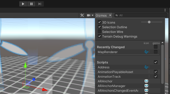 Screenshot of the Unity editor with gizmos turned on.