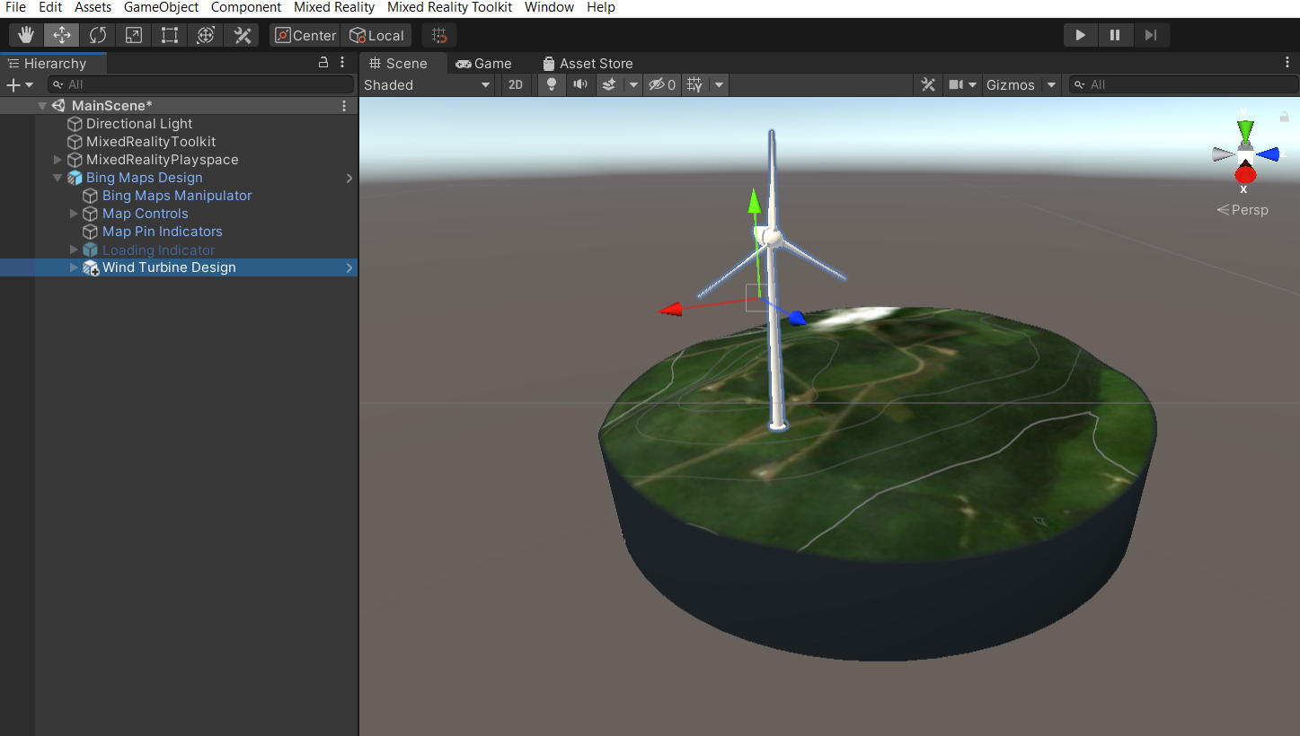 Screenshot of the Unity hierarchy window with the main scene selected and the wind turbine design child object expanded. Move tool is also selected.