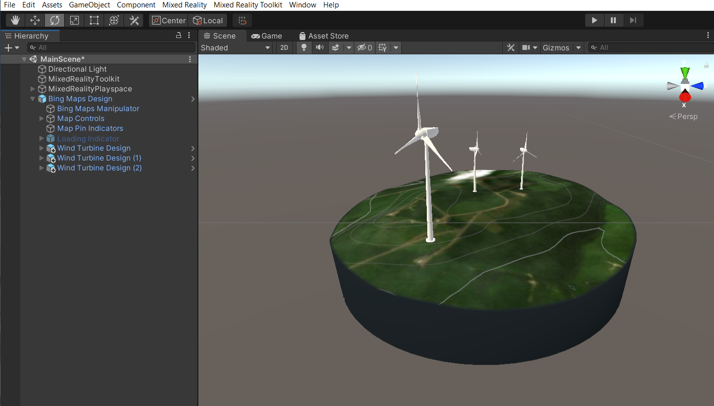Screenshot of the Unity hierarchy window with the main scene selected and multiple turbine prefabs placed on the dynamic terrain.