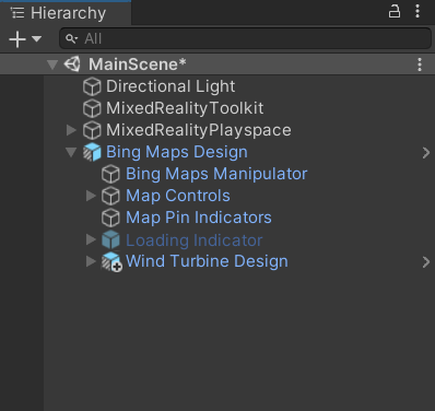 Screenshot of the Unity hierarchy window with the main scene selected and the Bing Maps design child object expanded.