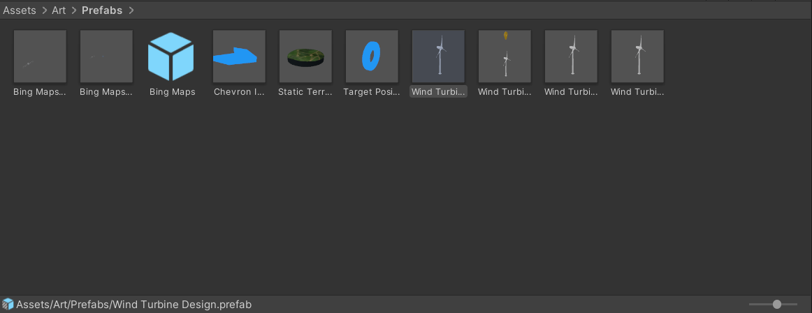 Screenshot of the Unity project panel with the prefabs subfolder selected.