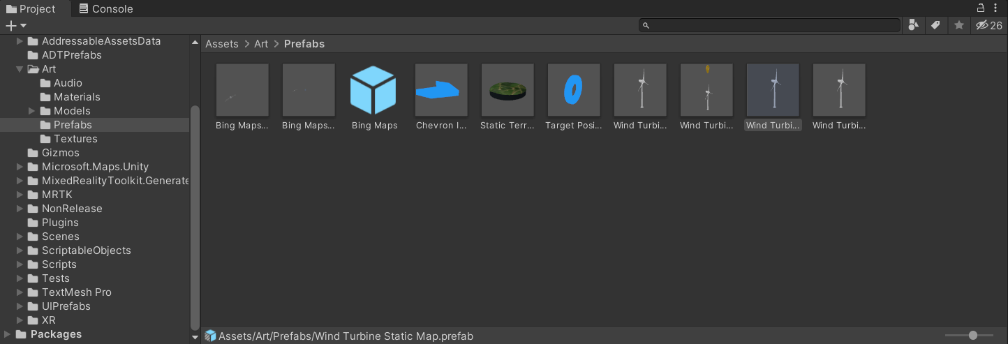 Screenshot of the Unity project panel with the art folder open with the prefabs subfolder selected.