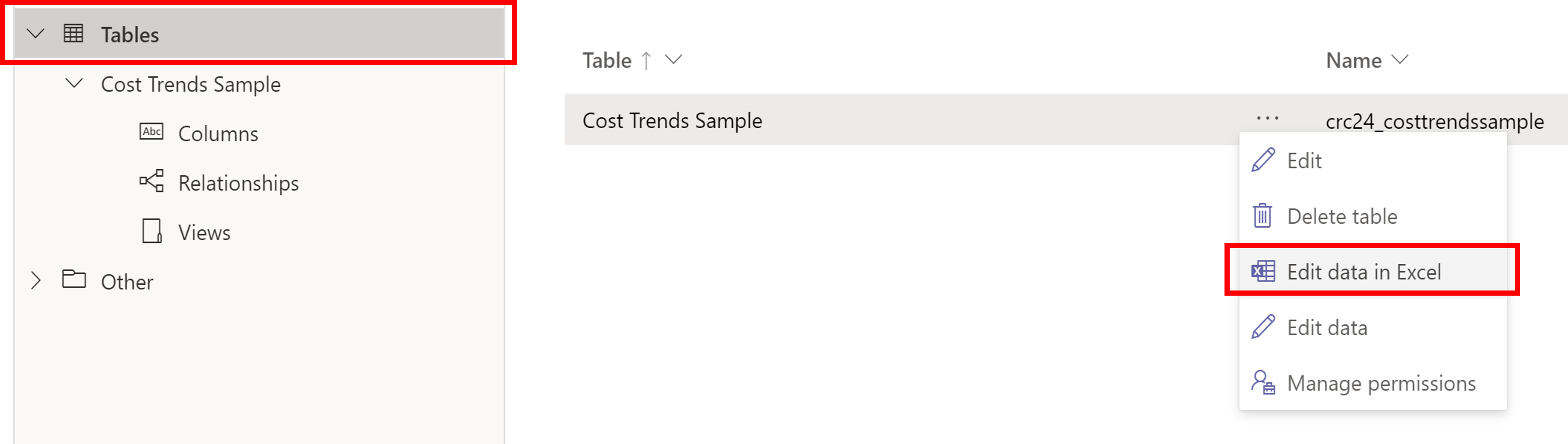 Képernyőkép a Power Apps Táblák párbeszédpanelről, amelyen téglalap látható a Táblázatok és az Adatok szerkesztése Excel.