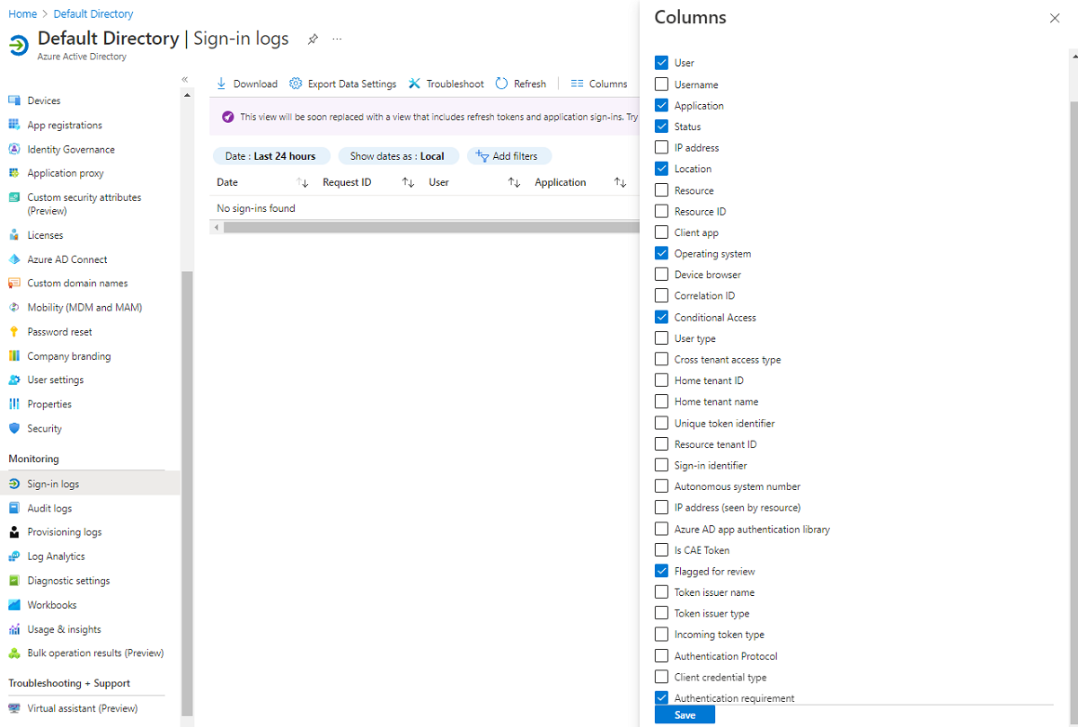 Screenshot that shows how to select columns to display for sign-in logs.