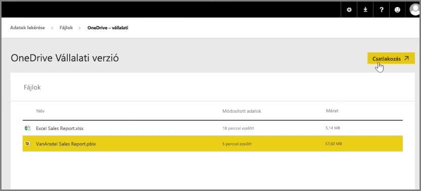 Képernyőkép OneDrive Vállalati verzió PBIX-fájl kiválasztásáról.
