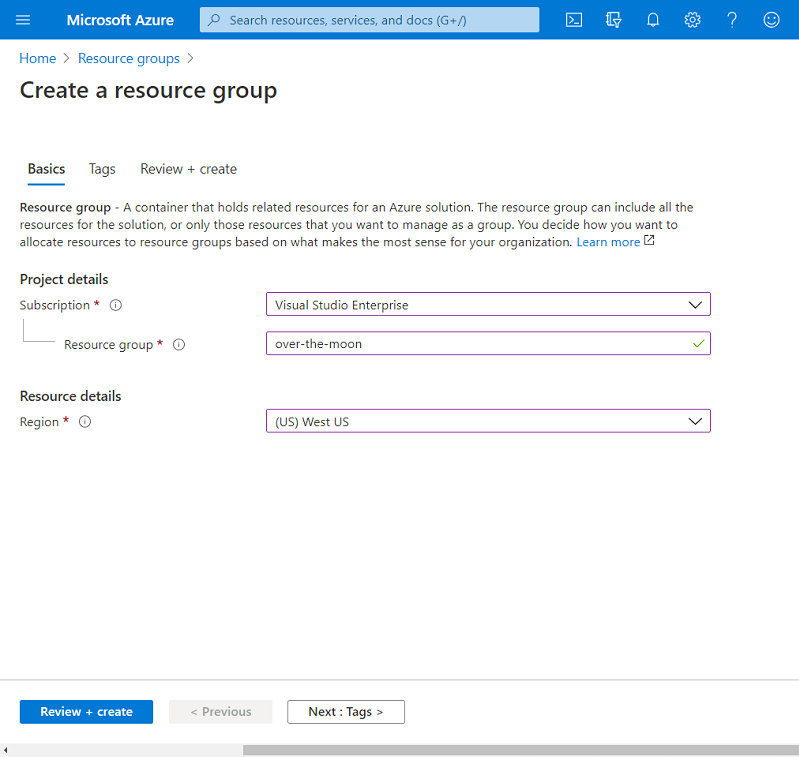 Screenshot that shows creating a new resource group on Azure.