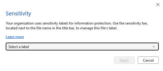 Képernyőkép egy párbeszédpanelről, amely arra kéri a felhasználókat, hogy használjanak bizalmassági címkéket a bizalmassági sávról.