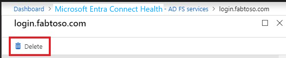 Screenshot of Microsoft Entra Connect Health delete service. Remove unwanted services.