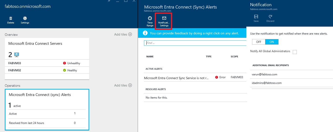 Screenshot of Microsoft Entra Connect Health email notification settings. Enter your admin's email.