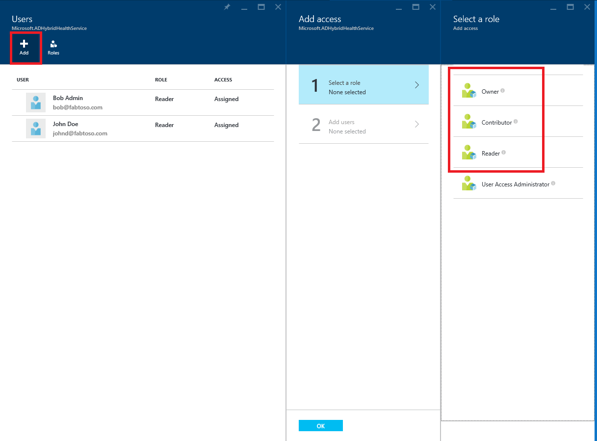 Screenshot of Microsoft Entra Connect Health and Azure RBAC configure menu.