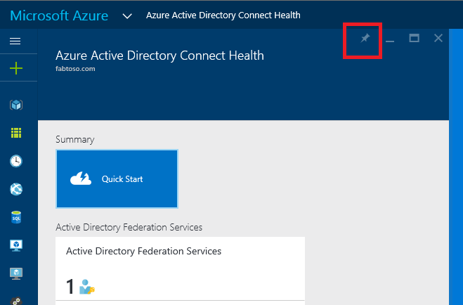 Screenshot of Microsoft Entra Connect Health and Azure RBAC pin blade, with pin icon highlighted.