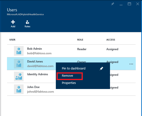 Screenshot of Microsoft Entra Connect Health and Azure RBAC with Remove highlighted.
