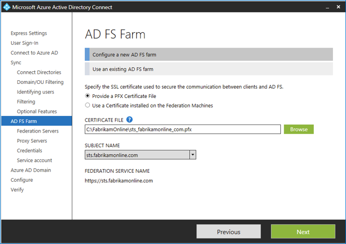 Screenshot of Microsoft Entra Connect application showing the create and connect to an AD FS farm dialog.