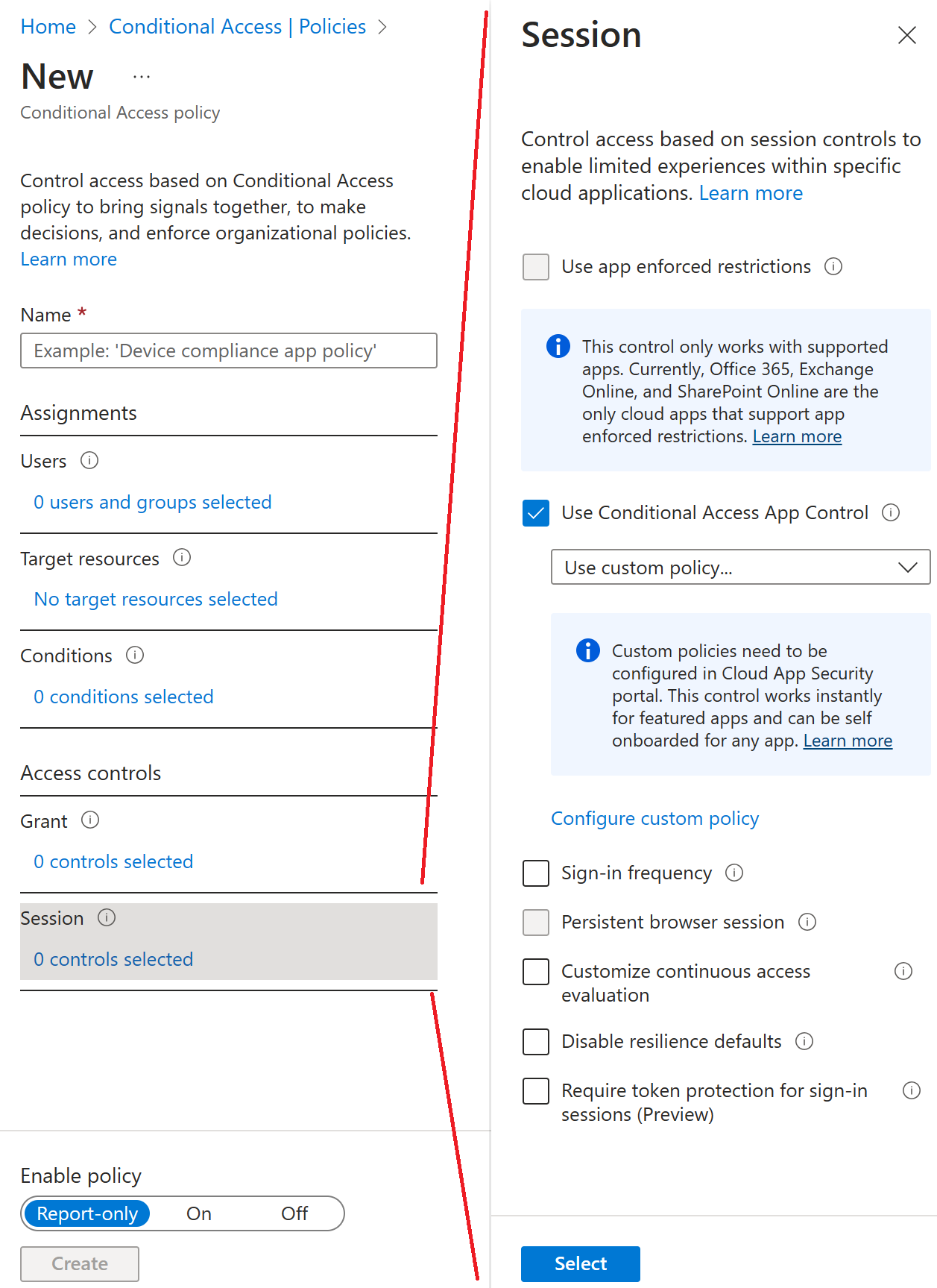 Képernyőkép a Microsoft Entra feltételes hozzáférési szabályzat varázslóról, kiemelve a Feltételes hozzáférésű alkalmazásvezérlés használata parancsot.