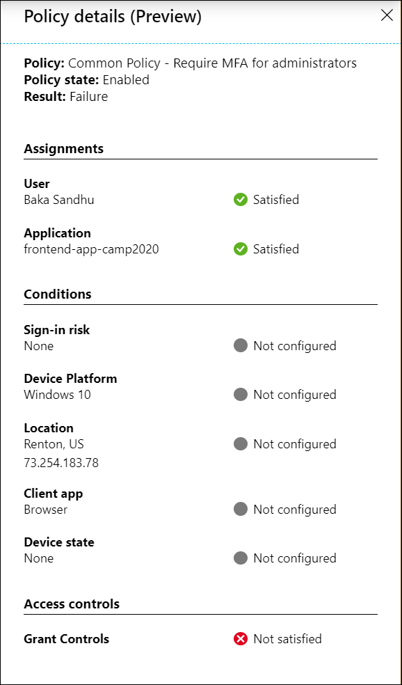 Képernyőkép a Szabályzat részletei (előzetes verzió) képernyőről a Microsoft Entra feltételes hozzáférésében.