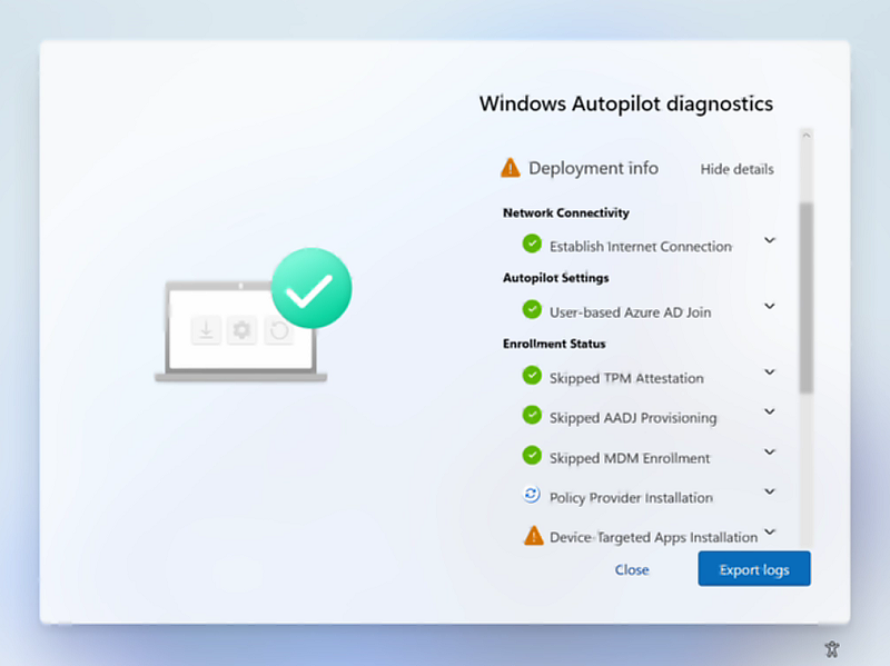 A Windows Autopilot diagnosztikai oldala ki van bontva a részletek megjelenítéséhez.