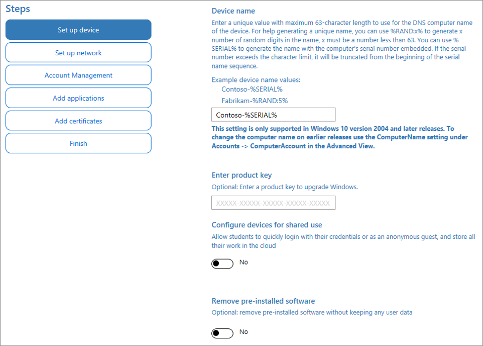 Képernyőkép a windowsos konfigurációs Tervező alkalmazásban a név és a termékkulcs megadásáról