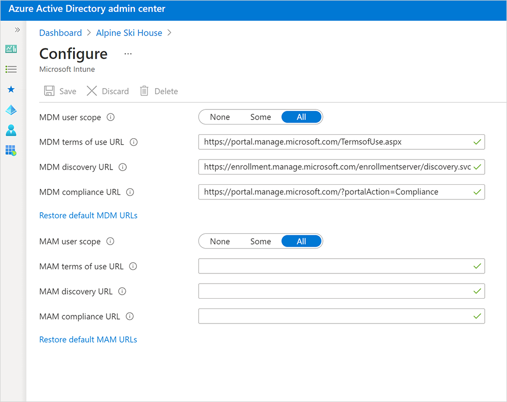 Képernyőkép a Azure Portal, ahol konfigurálhatja az MD M felhasználói hatókörét.