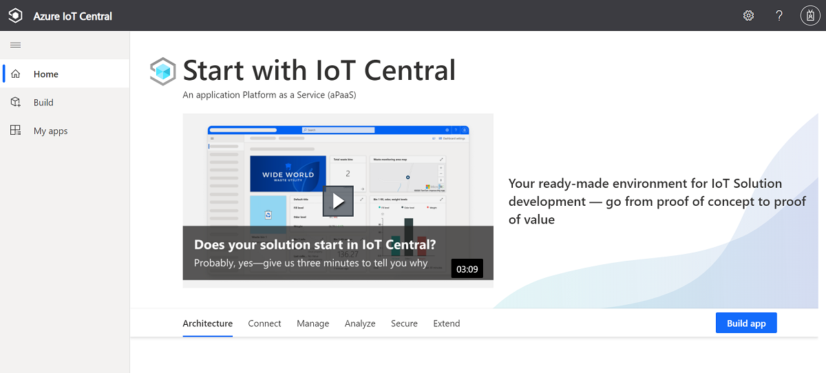 Képernyőkép az IoT Central kezdőlapjáról, ahol megtekintheti azokat az IoT Central-alkalmazásokat, amelyekhez hozzáféréssel rendelkezik.