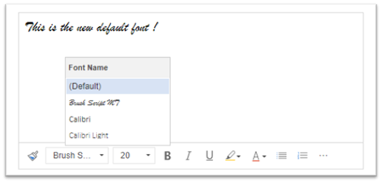 Képernyőkép a Rich Text szerkesztőről, alapértelmezett betűtípusként a Brush Scripttel és egy új betűtípuslistával.