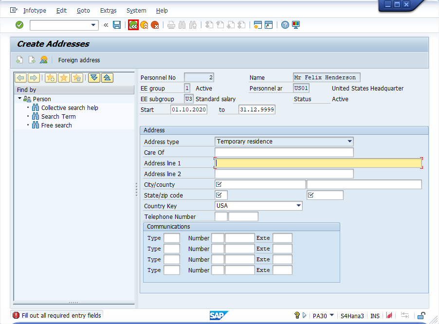 Képernyőkép a SAP Easy Access Címek létrehozása ablakáról, a Vissza gomb kiemelésével.