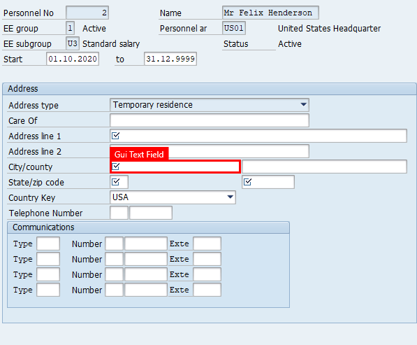 Képernyőkép az SAP Easy Access Címek létrehozása ablakáról, a Címterület Város Ország mezőjének kiemelésével.