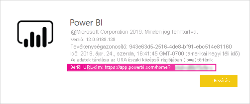 Képernyőkép a Power B I névjegye párbeszédpanelről, amelyen a vendégfelhasználó bérlői U R L ki van hívva.
