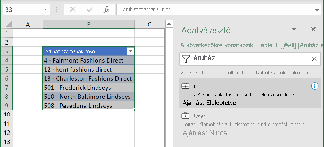 Screenshot of Excel Organizational Data, Suppliers data type table.