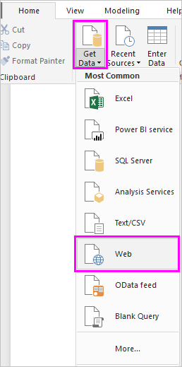 Screenshot shows the Get data option on the ribbon with Web selected.