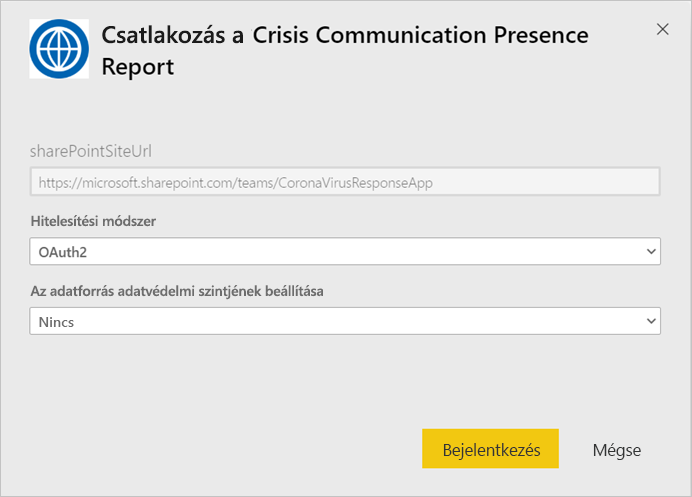 Crisis Communication Presence Report app authentication dialog