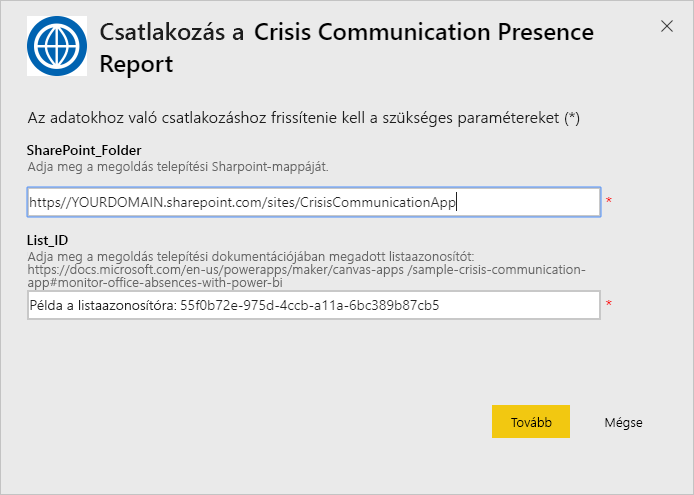 Crisis Communication Presence Report app URL dialog