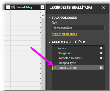 Screenshot of the Query Settings dialog box, highlighting Added Custom.