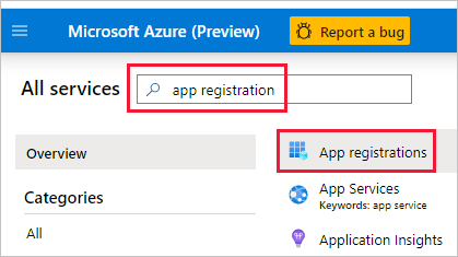 Képernyőkép az Azure Portalról, a keresőmezőbe való alkalmazásregisztrációval. Ez a mező és a Alkalmazásregisztrációk ikon ki van emelve.