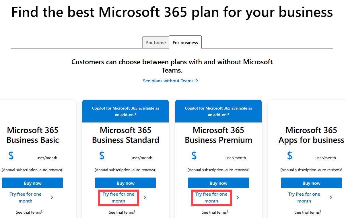 Képernyőkép a Microsoft Office 365 elérhető beállításairól. Az ingyenes kipróbálás ki van emelve.