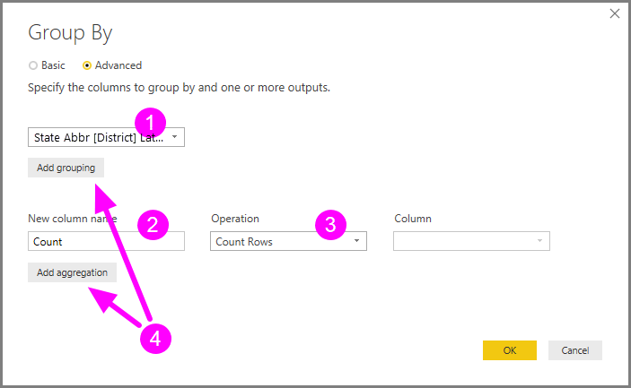 Screenshot shows the Group By dialog box with the Basic and Advanced options highlighted.