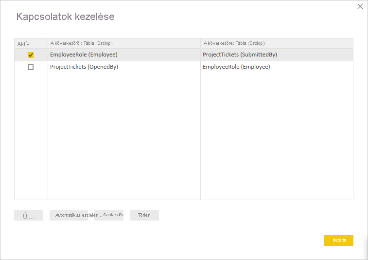 Screenshot of changing the active relationship in the Manage relationship dialog box.
