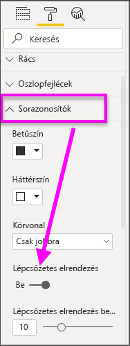 Screenshot of the Format section of the Visualizations pane. Under Row headers, Stepped layout is turned on with the Stepped layout indentation at 10.