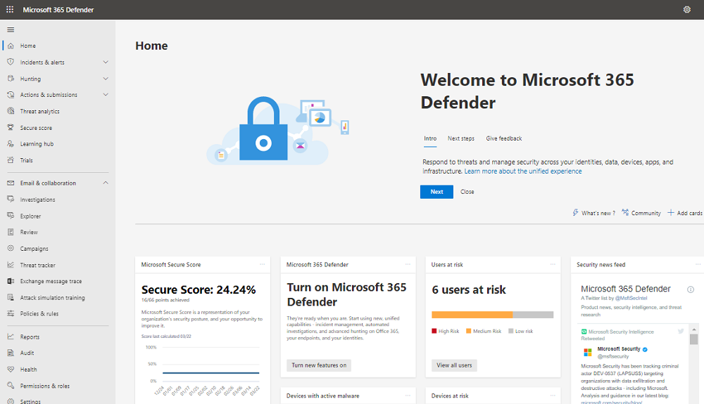 Microsoft 365 Defender oldal.